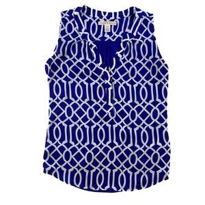 Hanna & Gracie | Sleeveless Blue and White Trellis Patterned Blouse | Medium